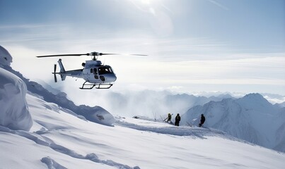 Fototapeta na wymiar Helicopter departure of freeriders from snowy mountain summit. Creating using generative AI tools