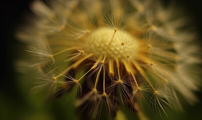 Macro shot of a dandelion head with fluffy white seeds blowing in the wind. Creating using generative AI tools