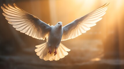 Obraz premium Majestic white pigeon flying with it's wings open in morning with sunlight in background. Pigeon, majestic, wings, fly. Created with Generative AI Technology. 