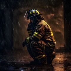 Photorealistic image of a depressed firefighter sitting in the rain surrounded by smoke. Firefighter, depression, smoke, fire, hero. Created with Generative AI Technology. 