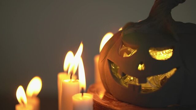 pumpkin for halloween.pumpkin made of clay. close-up. Halloween holiday. slow motion video. High quality Full HD video recording
