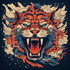 Using psychedelic Indigo and Peach, create a bold, graphic illustration of a Roaring Lion / Generative AI