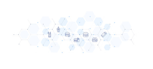 Food banner vector illustration. Style of icon between. Containing bubble tea, burger, burrito.