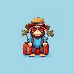 Flat art icon of a monkey holding a travel suitcase. Travel theme, monkey, tourism, wanderlust. Created with Generative AI Technology. 