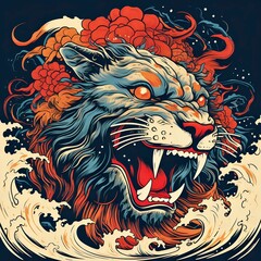 Using psychedelic Indigo and Peach, create a bold, graphic illustration of a Roaring Lion / Generative AI