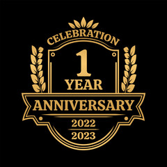 1 year anniversary icon or logo. Vintage birthday banner design. 1st anniversary jubilee celebration badge or label. Vector illustration. - obrazy, fototapety, plakaty