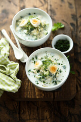 Traditional homemade cold soup with yogurt and herbs