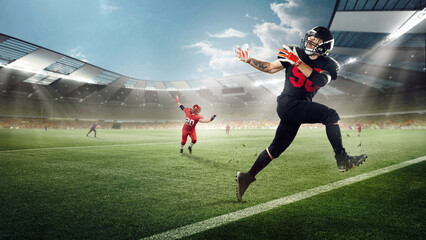 Dynamic image of professional sportsmen, american football player in motions during game running at 3D stadium with flashlights. Concept of professional sport, competition, match, action, energy, ad