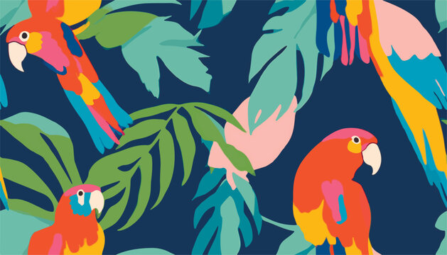 Abstract artistic print with various leaves and parrots. Modern hand drawn collage contemporary seamless pattern.