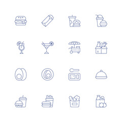 Food line icon set on transparent background with editable stroke. Containing burger, burrito, fast food, cocktail, food cart, food donation, egg, eggs, food tray, groceries, grocery bag.