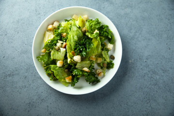 Healthy leaf salad with bread croutons