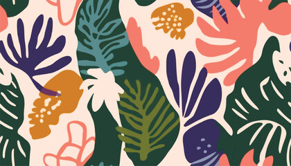 Fototapeta na wymiar Abstract exotic botanical shapes print. Hand drawn collage contemporary seamless pattern.