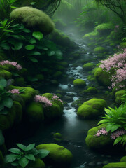 A river in forest with many plants, Generative AI Illustration.