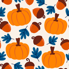 Cute colorful hand drawn seamless vector pattern background illustration with orange pumpkins, blue leaves and acorns