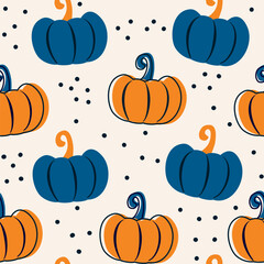 Cute blue and orange hand drawn seamless vector pattern background illustration with pumpkins
