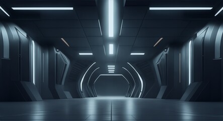 Dark Futuristic Modern Garage Showroom Tunnel Corridor. Entrance 3D Illustration; AI Generated