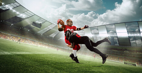 Win and lose. Professional athletes, american football players in motion during game, running, playing at 3D stadium. Concept of professional sport, competition, match, action, energy, success, hobby
