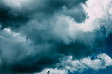 Fototapeta na wymiar Storm clouds. Dark Blue Cloudy Rainy Sky With Rain Heavy Clouds. Storm, Thunder, Thunderstorm. Sky Natural Background. Cumulonimbus Cloud. Strange Clouds Cloud Sky. Weather Forecast Concept. Heavy