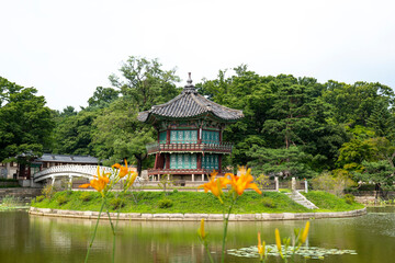 A two-story hexagonal wooden pavilion from the Joseon Dynasty built in the Huwon area of...