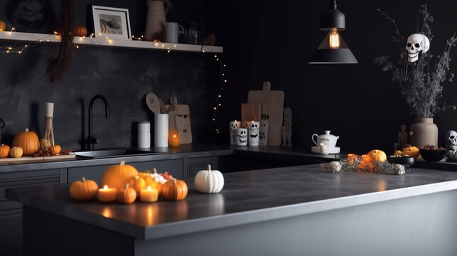 Generative AI, kitchen decor for halloween, pumpkin lanterns, cobwebs, skulls, black background, all saints day, do-it-yourself autumn interior, background for advertising, dining table, house