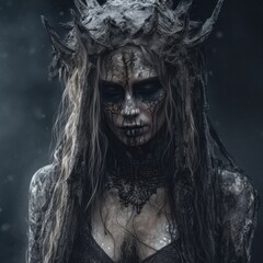 A norse scandinavian goddess Hel with a crown on her head. Generative AI image. - obrazy, fototapety, plakaty