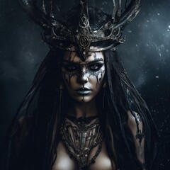 A woman wearing a horned headdress with horns on her head. Generative AI image.