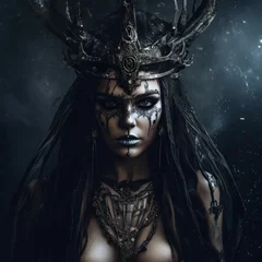 Foto op Plexiglas A woman wearing a horned headdress with horns on her head. Generative AI image. © starush