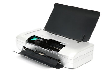 Printer for printing documents using a cartridge with an open lid for changing the cartridge....