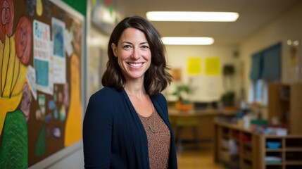 Happy smiling middle aged woman elementary or junior school female teacher standing in the classroom looking at the camera. Generative Ai.