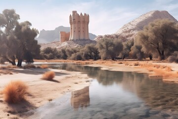 a palace by the river in the desert