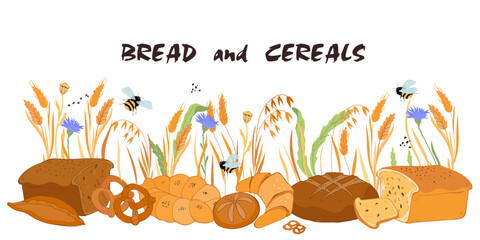 Bread and cereal production banner, hand drawn vector illustration isolated on white background. Banner for bakery and bread or cereals packs design.