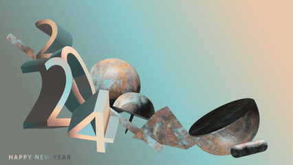 Abstract 3D rusty illustration for 2024 New Year on an isolated bright gradient background - 619713676