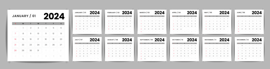 Monthly desk calendar template for 2024 year. Week Starts on Sunday. Wall calendar 2024 in a minimalist style, Set of 12 months, Planner, printing template, office organizer vector.