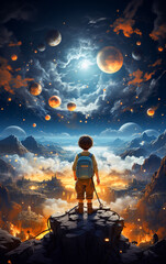 Illustration of a child explorer seen from behind is standing on a rock and looking at a fantasy planet