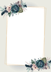 Watercolor flower frame Rose Eucalyptus. Rose metallic frame.