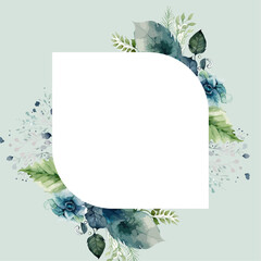 Watercolor flower frame Rose Eucalyptus. Rose metallic frame.