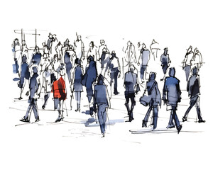 vector illustration: crowd of people walking along city street. Sketch made with marker and watercolor