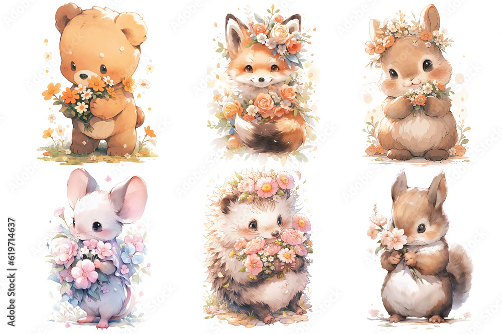 Canvas Prints Set of cute baby woodland animals fox, hare, mouse, hedgehog, bear and squirrel with a flower Illustration isolated drawings by hand. Perfect for nursery poster.