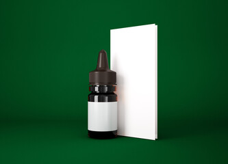 Amber glass dropper bottle mockup on green background, 3d rendering