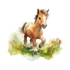 Watercolor cute little horse. Happy farm animal cartoon illustration. Generative AI