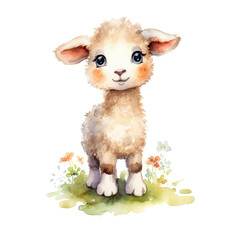 Watercolor cute little sheep. Happy farm animal cartoon illustration. Generative AI
