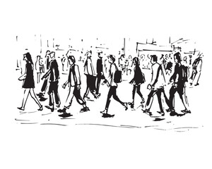 Fototapeta na wymiar vector illustration: crowd of people walking along city street. Sketch made with marker and watercolor