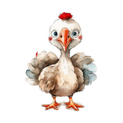 Watercolor cute little turkey. Happy farm animal cartoon illustration. Generative AI