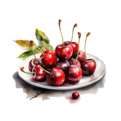 Watercolor illustration Fresh cherry berries in a plate