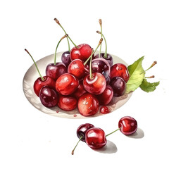 Obraz na płótnie Canvas Watercolor illustration Fresh cherry berries in a plate