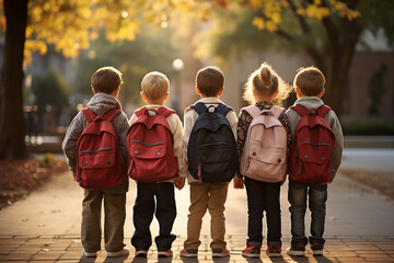 A group of first graders go to enrollment on their first day at school. Education and start into a new future. Wallpaper and poster for news articles.