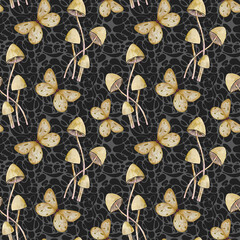 Monochrome Watercolor Pattern With Mushrooms And Butterflies. Mushroom And Butterfly On Abstract Background. Seamless pattern.