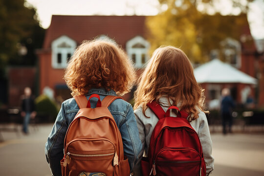 two first graders go to enrollment on their first day at school. Education and start into a new future. Wallpaper and poster for news articles.