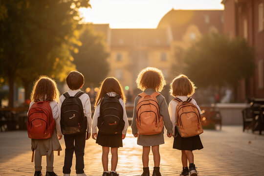 A group of first graders go to enrollment on their first day at school. Education and start into a new future. Wallpaper and poster for news articles.