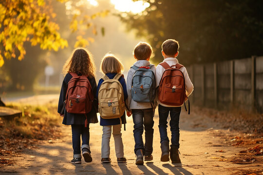 A group of first graders go to enrollment on their first day at school. Education and start into a new future. Wallpaper and poster for news articles.